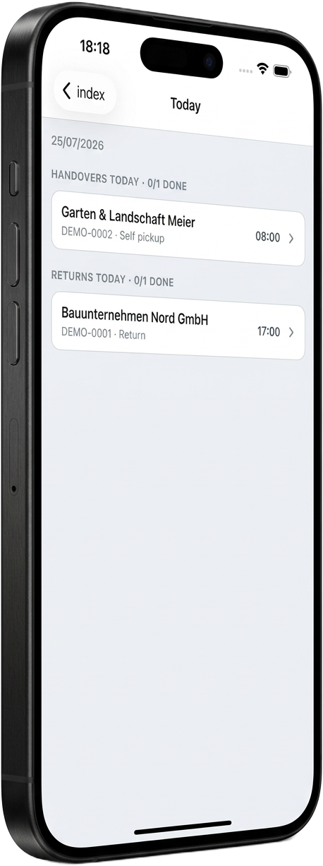Rentowa mobile app showing today's handovers and returns on an iPhone