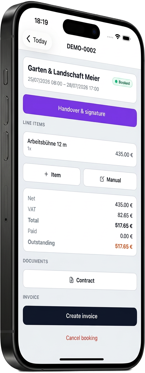 Rentowa mobile app showing a booking with handover and invoice on an iPhone